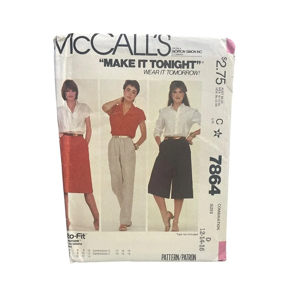 McCall's 7864 Skirt Pants Culottes Size 12 14 16 1980s Retro UNCUT